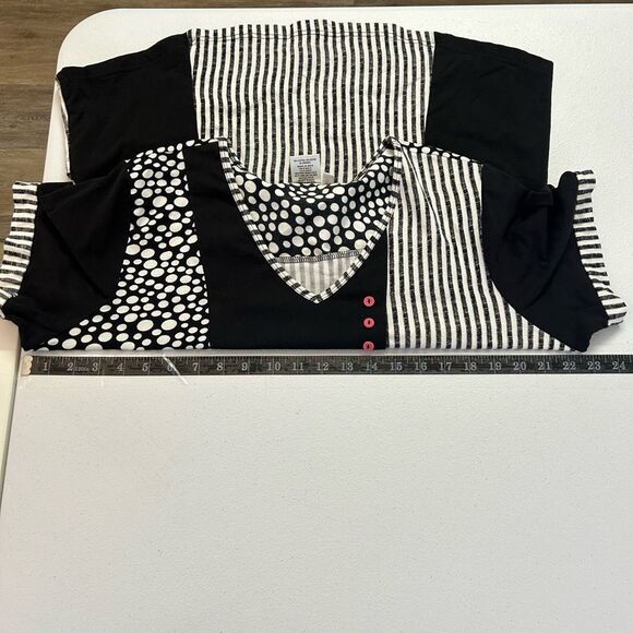 Parsley & Sage Boho Patchwork Top L Black White Polka Dot Stripe Artsy Button - Picture 9 of 11